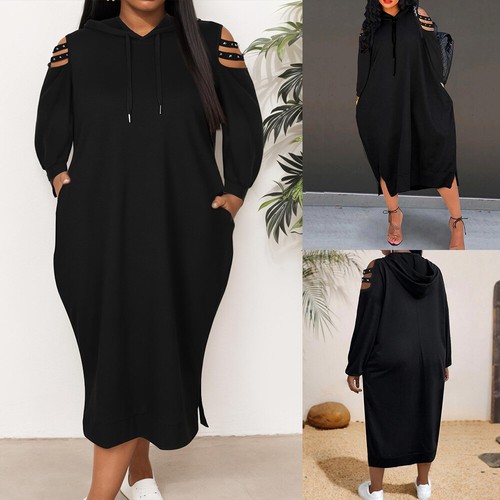 Women Cold Shoulder Hooded Shirt Dress Ladies Casual Dresses Plus Size XL-5XL