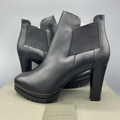AllSaints Sarris Black Cow Leather Heeled Ankle Boots UK 8 EU 41 US 11 RRP £230