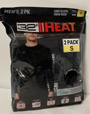 2 Pack 32 Degrees Heat Mens SMALL Crew Neck Base Layer BLACK T-Shirt Long Sleeve