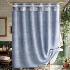 Boho Shower Curtain Blue Faux Linen Farmhouse Style 72x72 Inch Set With 12 Hooks
