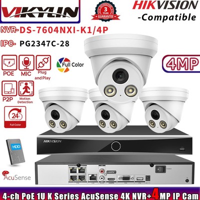 VIKYLIN 4CH 4POE Systems Kit DS-7604NXI-K1/4P NVR 4MP Full Color IP Camera Lot