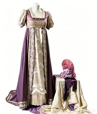 Regency Era Empire Waist Gown Purple Cream Lace Jane Austen Historical Dress