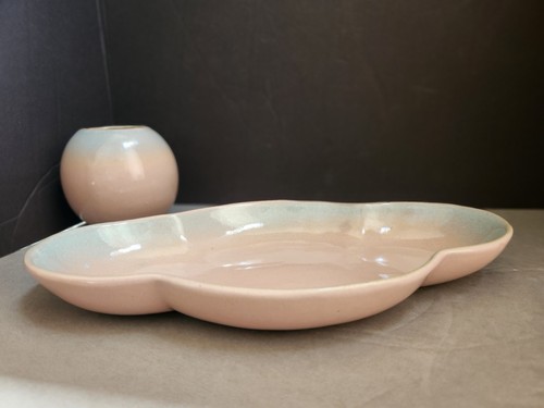 GLIDDEN Art Pottery Pink & Blue BOWL Serving Dish 47 & BALL SPHERE VASE 62 - Picture 5 of 19