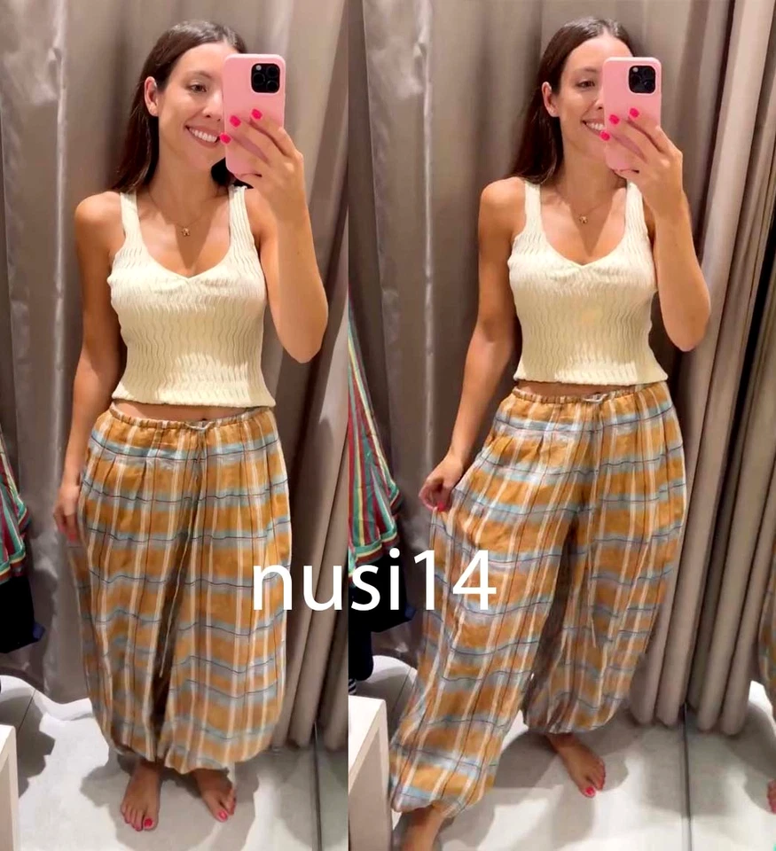 ZARA NEW WOMAN MID-RISE ZW COLL RAMIE CHECK BALLOON PANTS ORANGE 8369/034/615