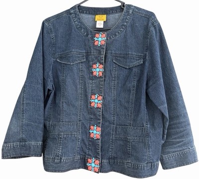 Ruby Rd. Jacket Womens 16 DenimCollared Unlined Pockets Accented With Turquoise