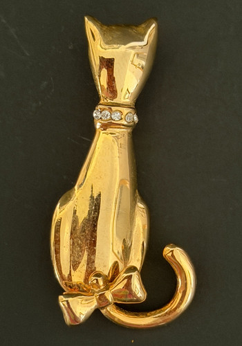 Brooch/Pin Signed Mio Articulated Cat Tail Rhinestones Tall Gold Tone