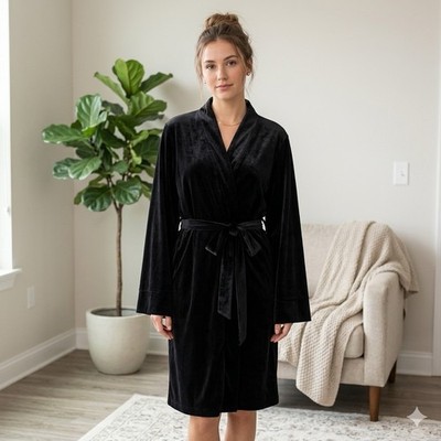Gilligan & O  Malleu  Velvet Black Robe Kimono Sleeves Soft Sleepwear-S/M
