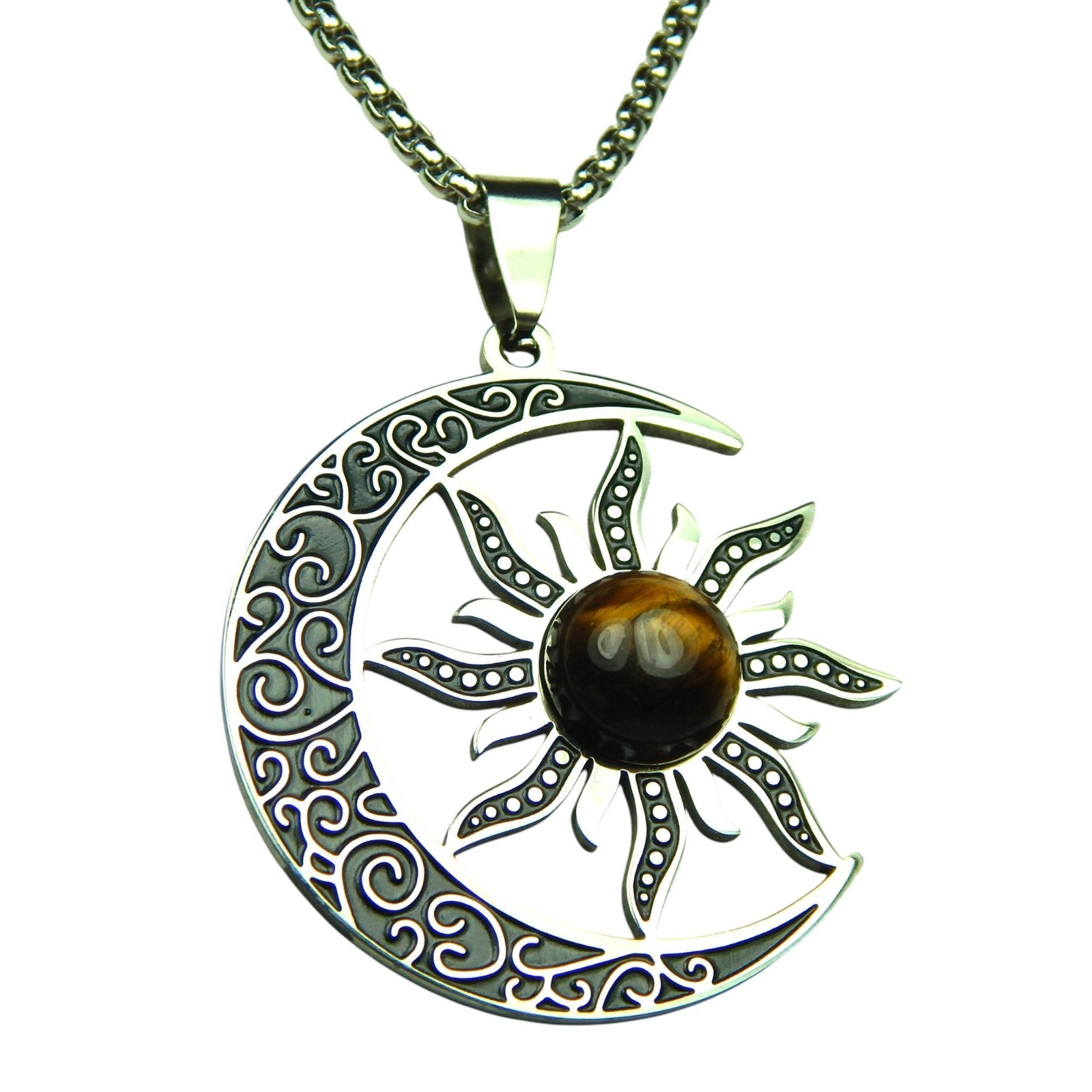 Bohemian Sun Moon Necklace Silver Stainless Steel Tigers Eye Celestial Pendant