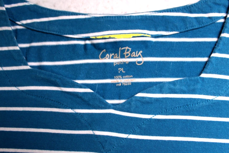 CORAL BAY TEE SHIRT ladies size PL dark turquoise blue white stripe short sleeve - Image 3 of 4