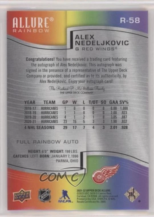 2021-22 Upper Deck Allure Rainbow Full Auto Alex Nedeljkovic #R-58 Auto - Image 2 of 2