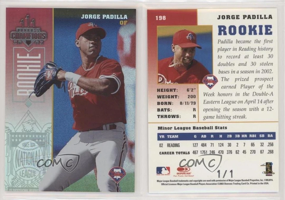 2003 Donruss Champions 1/1 Jorge Padilla #198 1f1 - Image 3 of 3