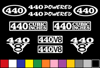 440 CI V8 POWERED 10 DECAL SET ENGINE STICKERS EMBLEMS FENDER BADGE DECALS 