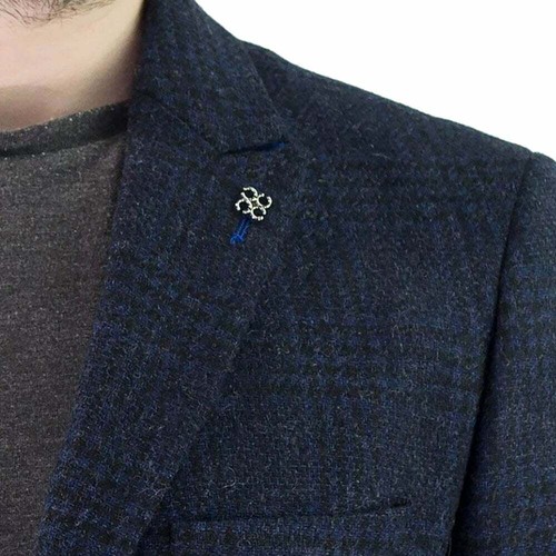 Cavani Navy Wool Overcoat Check Coat Single Breasted Vented 3 Button Peak Lapel - Picture 3 of 7