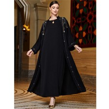 Black Open Kaftan Abaya Dubai Women Long Dress Muslim Robe Cardigan Gown Islamic