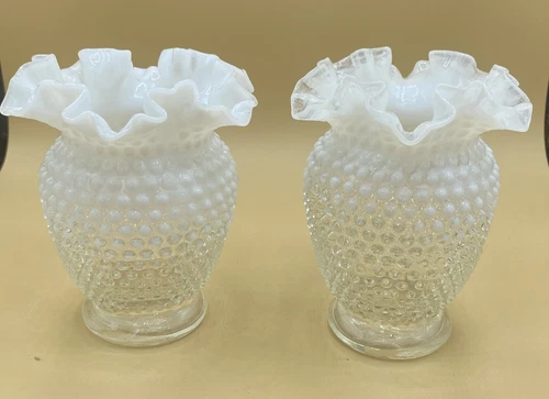Fenton Glass Hobnail French Opalescent 5.5" Double Crimp Ruffle Pair Vase LOT