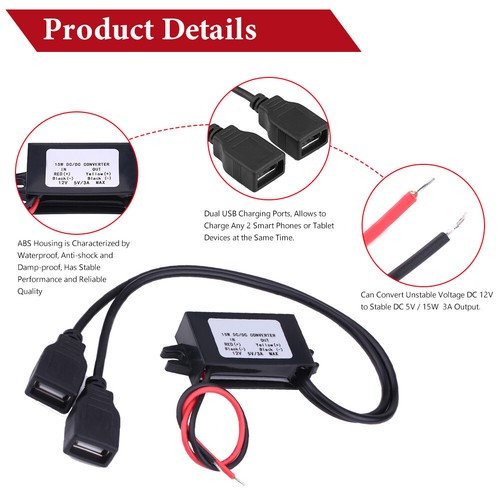 Car 3A DC 12V To DC 5V Dual USB Adapter Converter Module For Car - Photo 4 sur 9