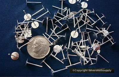 100 6mm silver plt pad post stud pierced earring findings glue or solder FPE029