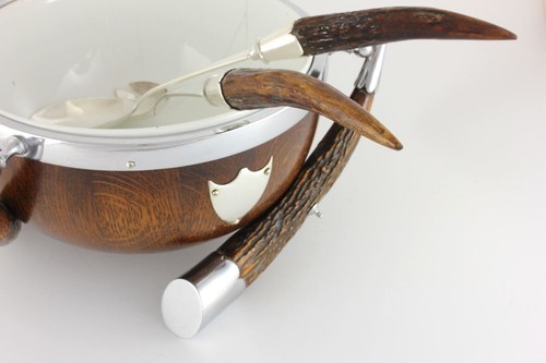 Antique English Oak, Deer Horn & Silver Plate Salad Trophy Bowl. Fruit Nut c1900 - Picture 3 of 14