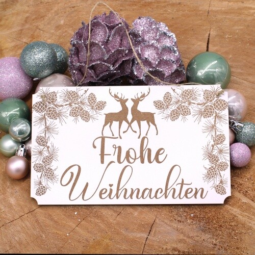 Schild Frohe Weihnachten - mit Motiv Hirsche und Zapfen - Dekoschild Türschild T - Bild 3 von 4