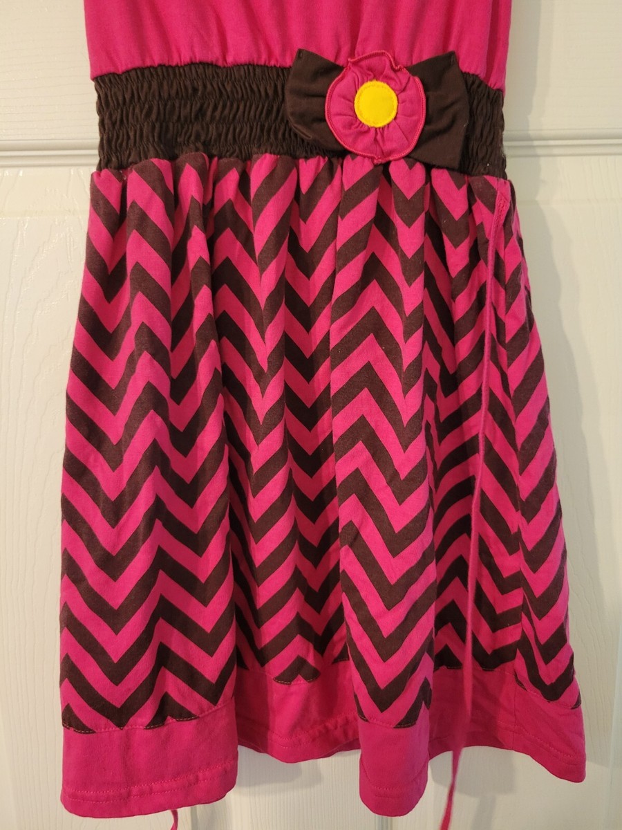 Girl Hot Pink And Black Chevron ZIG ZAG Print Stretchy Flower Dress Sz 8 |  eBay
