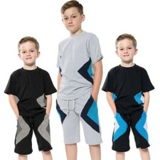 Kids Boys Girls T Shirts 100 Cotton Contrast Panelled Summer Top Shorts Set