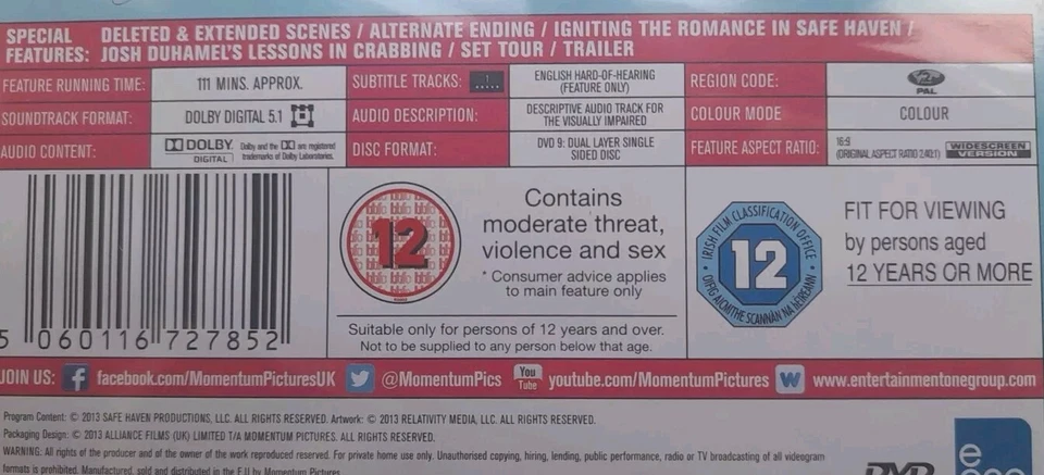 Safe Haven DVD - Nicholas Sparks 2013 Romantic Drama Film Adaptation - New - Image 4 of 4