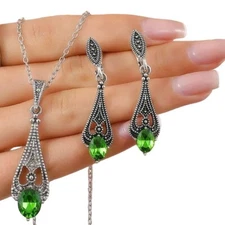 Green Glass Necklace Pendant Earrings Art Nouveau Deco Style Set