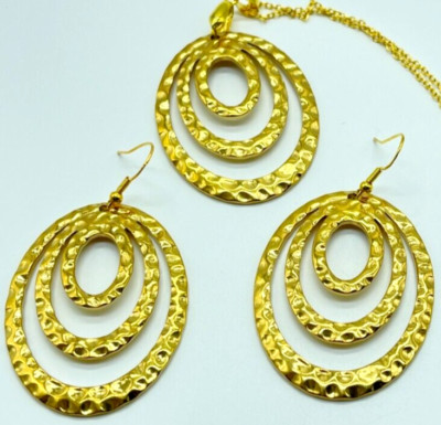 Necklace/Earrings Textured Gold Tone Asymmetrical Variable Sized Fixed Hoops