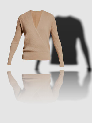 $395 Neiman Marcus Womens Beige Cashmere Ribbed Faux Wrap Pullover Sweater Sz L