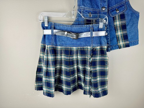 Vintage Rachel’s Kids Girls Vest And Skirt Set Denim & Plaid Size 14 90’s - Picture 2 of 15
