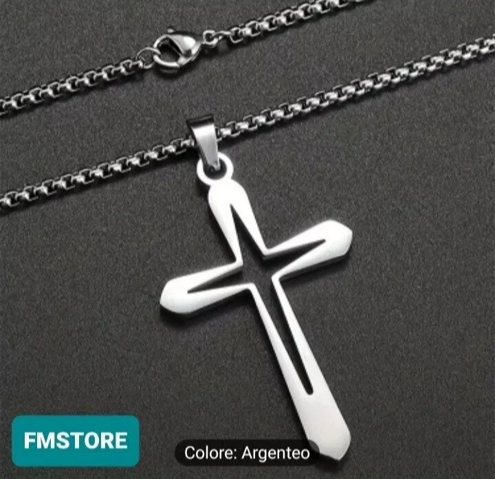 Collana con ciondolo croce in acciaio inox da uomo catenina rosario girocollo . - Immagine 4 di 4