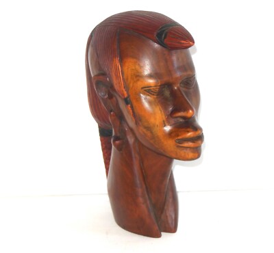 African Hand Carved Wood Head Figurine Sculpture Heavy Bust ~8'' Tall