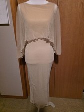 Beige Shimmer Formal Dress with Sheer Overlay and Matching Wrap