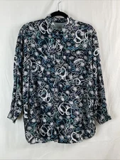 Vintage Esprit Rayon Long Sleeve Button Down Top Blouse Shirt M Squiggle Line