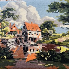 Large Vintage French Needlepoint Tapestry    Les Moulins   30  x 20  
