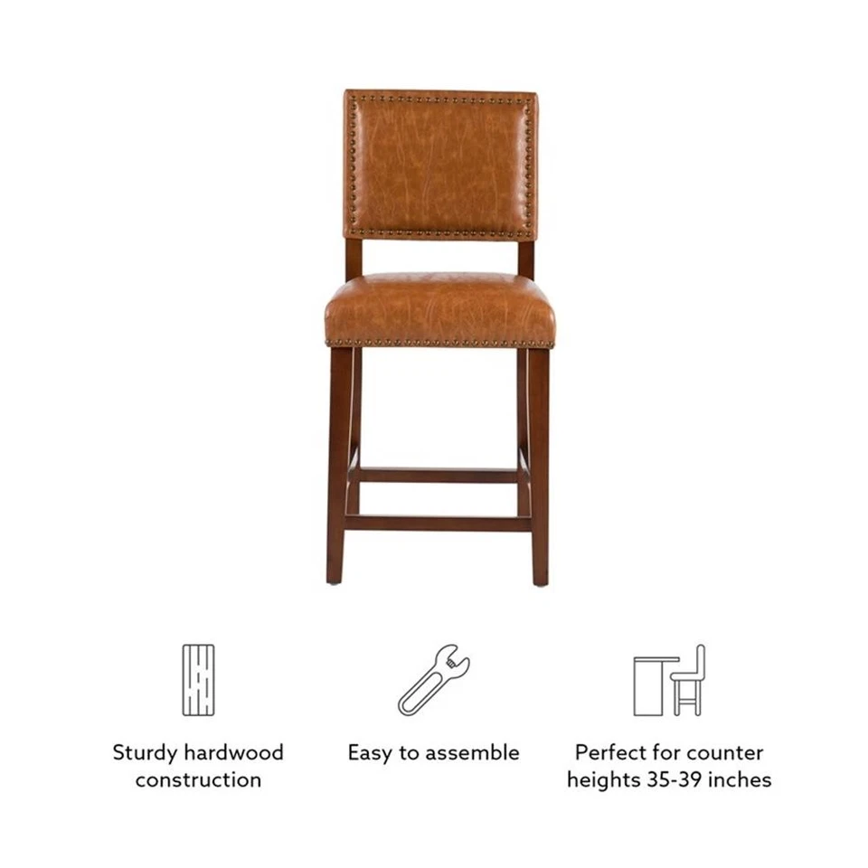 Taburete de mostrador de madera Linon Brook 24" caramelo imitación cuero cabeza de clavo borde en nogal Foto 4 de 4