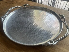 Vintage BW Buenilum Hammered Aluminum Round Metal Tray with 2 Twisted handles