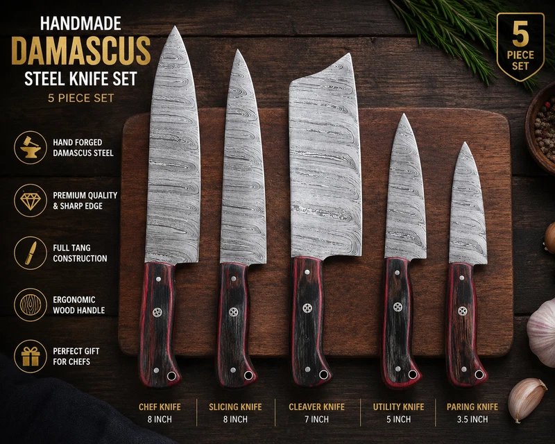 Damascus Steel Chef Knife Set 5 Pcs Leather