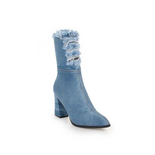 Damen Stiefeletten Schuhe Denim mittlere Wade spitz hohe Absätze gerissener Lochreißverschluss neu - Bild 9 von 16