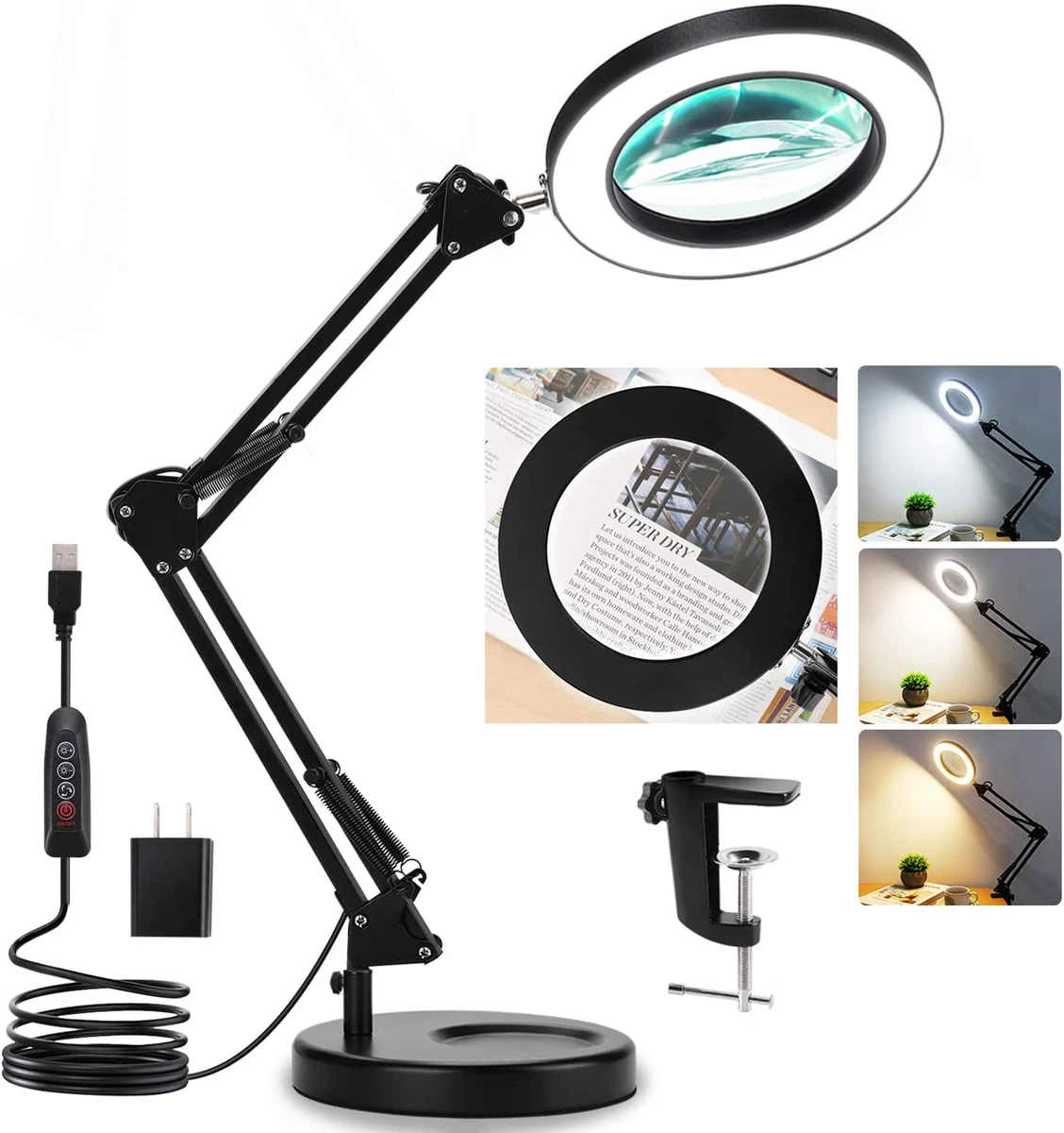 Magnifying Glass with Light and Stand 8X Real Glass 2-In-1 Desk Lamp &  Clamp