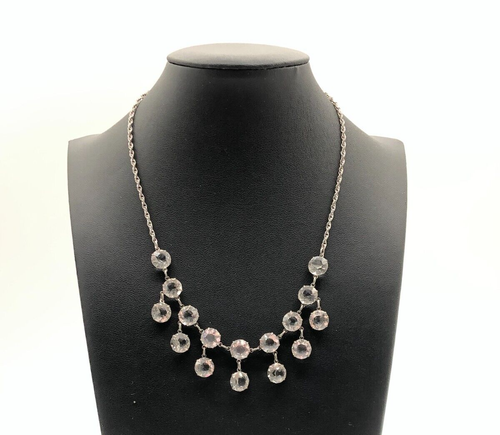 Vtg Art Deco Crystal Glass Open Back Sterling Silver Tested Necklace w/ Dangles - Picture 1 of 8
