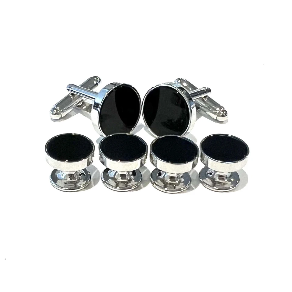 Conjunto de gemelos redondos de ónix y tachuelas para camisa de vestir para hombre boda regalo esencial Foto 3 de 4