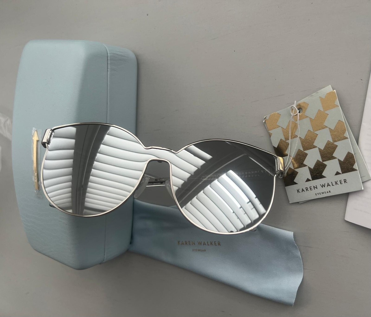 KAREN WALKER Designer Silver Mirrored Oversized Sunglasses