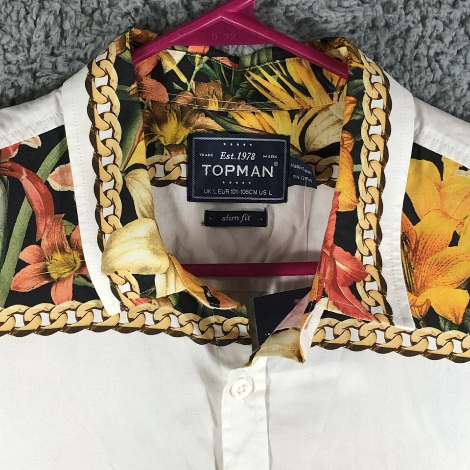 Camisa Topman Abotonada Para Hombre Mediana Beige Floral Rayas Lona Playa Foto 3 de 4