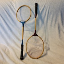 Pair Vintage Victor Crown Wood Badminton Rackets Red  Blue Collectible Games