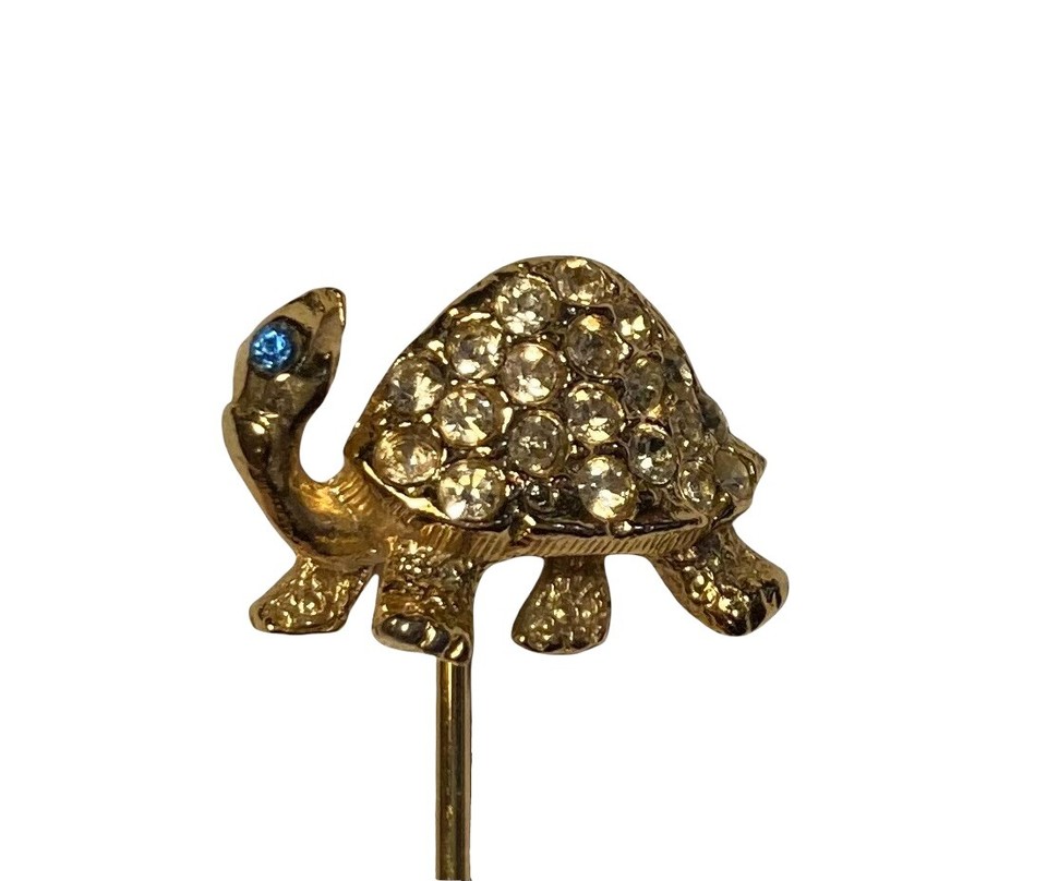 Vintage Rhinestone Turtle Stick Lapel Hat Pin Clear Blue Eye Goldtone