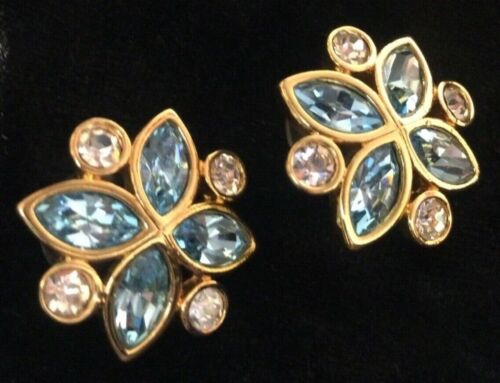 S.A.L. (Swarovski America, LTD.) Blue Crystal Gold Tone Pierced 1” Stud Earrings - Picture 1 of 4