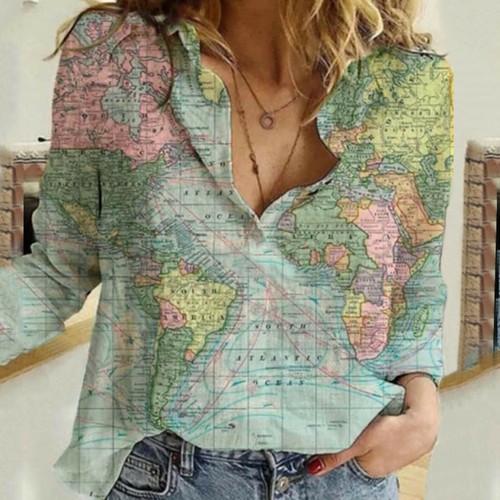 Women's Lapel Button Shirt World Map Print Long Sleeve Loose Casual Top - Picture 11 of 13
