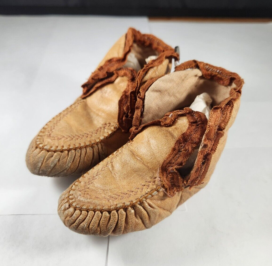 Antique Leather Baby Shoes Soft Leather Brown Ribbon … - Gem