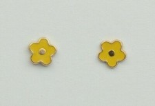 Solid 14k Yellow Gold Enamel Flower Screw Back Girls Stud Earrings